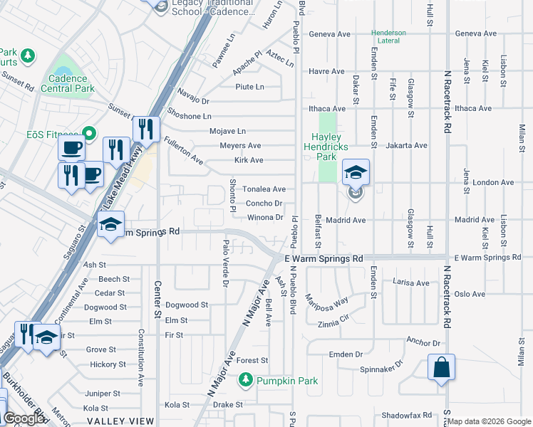 map of restaurants, bars, coffee shops, grocery stores, and more near 255 Winona Drive in Henderson