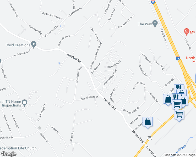 map of restaurants, bars, coffee shops, grocery stores, and more near 8035 Chambord Way in Powell