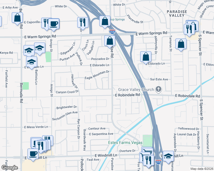 map of restaurants, bars, coffee shops, grocery stores, and more near 7637 Poppy Meadow Street in Las Vegas