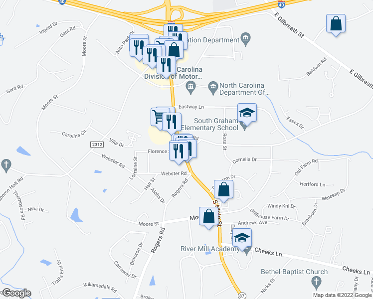 map of restaurants, bars, coffee shops, grocery stores, and more near 1012 South Main Street in Graham
