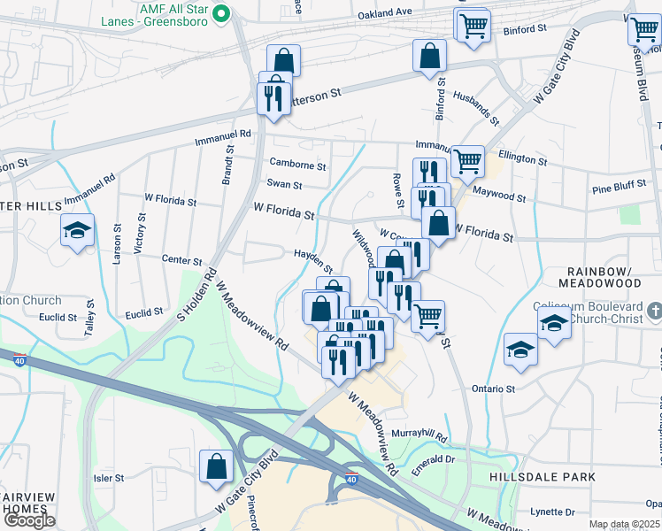 map of restaurants, bars, coffee shops, grocery stores, and more near 2902 Hayden Street in Greensboro