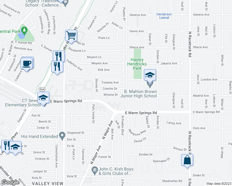 map of restaurants, bars, coffee shops, grocery stores, and more near 267 Winona Drive in Henderson
