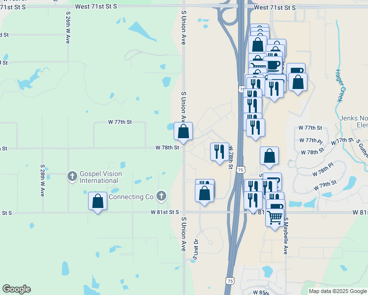 map of restaurants, bars, coffee shops, grocery stores, and more near 1525 West 78th Street in Tulsa
