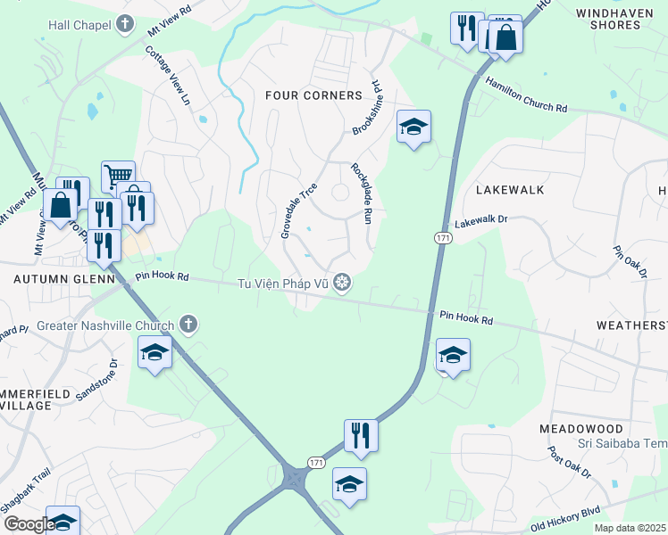 map of restaurants, bars, coffee shops, grocery stores, and more near 1220 Silverstream Point in Nashville