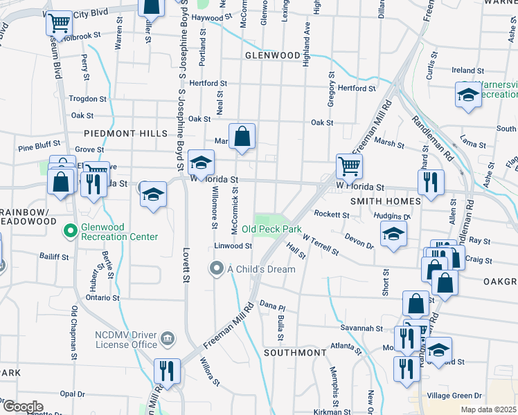 map of restaurants, bars, coffee shops, grocery stores, and more near 1513 Glenwood Avenue in Greensboro