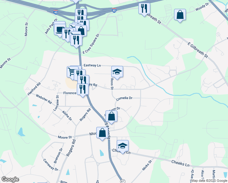 map of restaurants, bars, coffee shops, grocery stores, and more near 301 Ivey Road in Graham