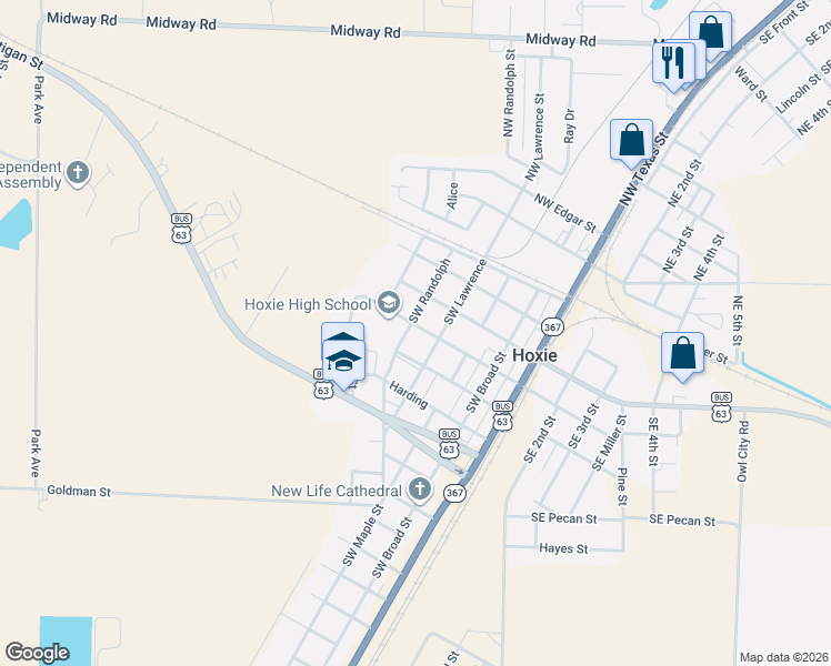 map of restaurants, bars, coffee shops, grocery stores, and more near 409 Southwest Gibson Street in Hoxie