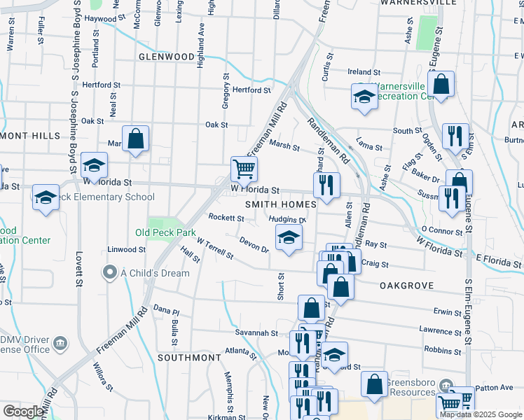 map of restaurants, bars, coffee shops, grocery stores, and more near 1827 Luray Drive in Greensboro