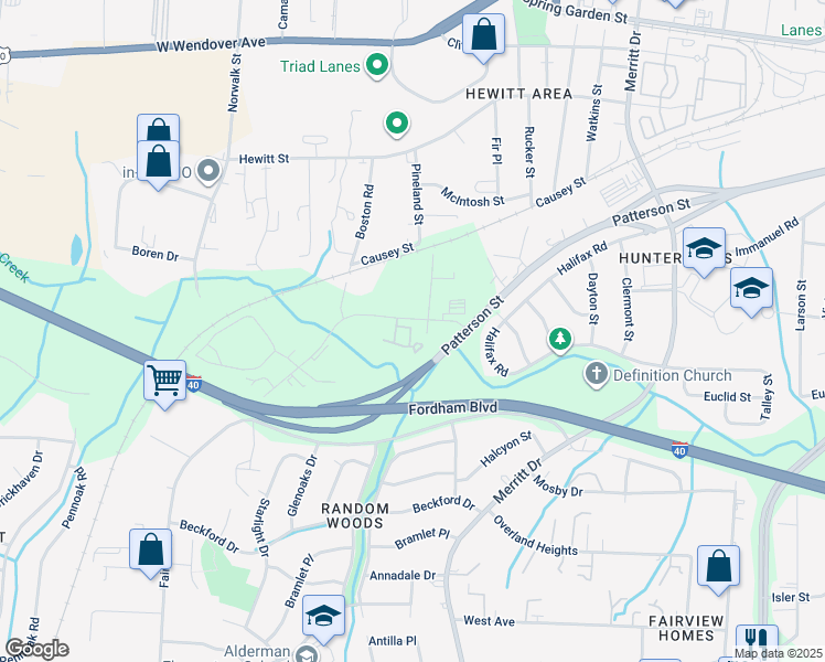 map of restaurants, bars, coffee shops, grocery stores, and more near 1350 Norwalk Street in Greensboro