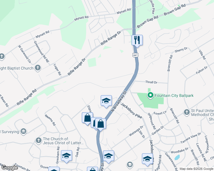 map of restaurants, bars, coffee shops, grocery stores, and more near 3601 Curtis Lane in Knoxville