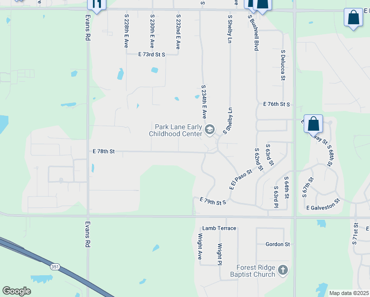map of restaurants, bars, coffee shops, grocery stores, and more near 23201 East 78th Street in Broken Arrow