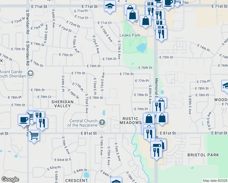 map of restaurants, bars, coffee shops, grocery stores, and more near 7716 South 76th East Avenue in Tulsa