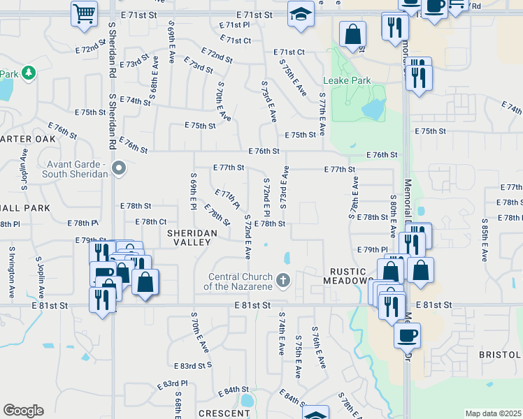 map of restaurants, bars, coffee shops, grocery stores, and more near 7742 South 72nd East Place in Tulsa