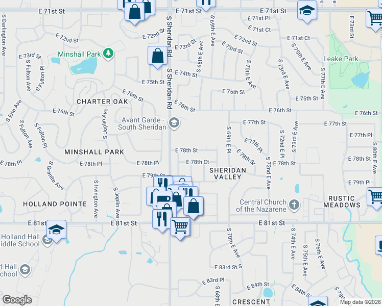 map of restaurants, bars, coffee shops, grocery stores, and more near 6624 East 78th Street in Tulsa