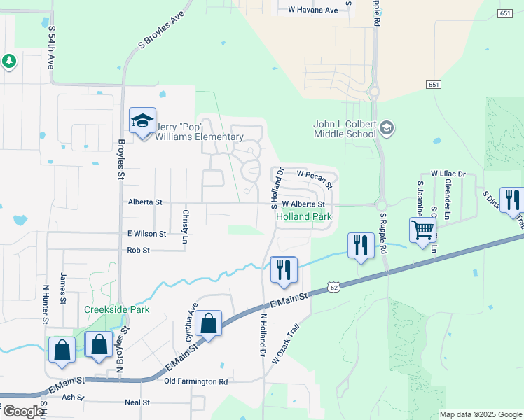 map of restaurants, bars, coffee shops, grocery stores, and more near 1369 South Holland Drive in Fayetteville