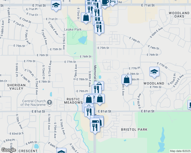 map of restaurants, bars, coffee shops, grocery stores, and more near 7767 South Memorial Drive in Tulsa