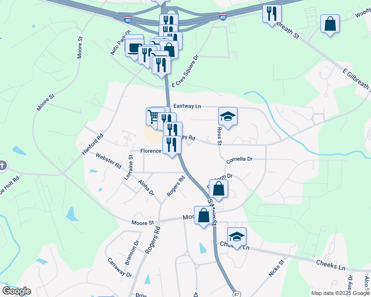 map of restaurants, bars, coffee shops, grocery stores, and more near 115 Ivey Road in Graham
