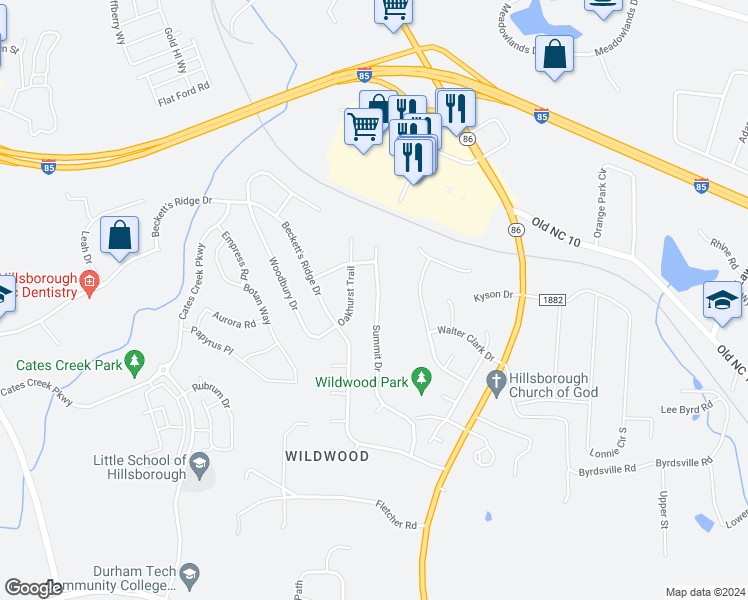 map of restaurants, bars, coffee shops, grocery stores, and more near 2302 Summit Drive in Hillsborough