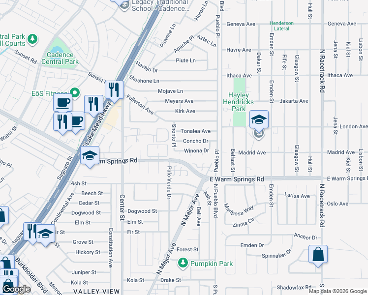 map of restaurants, bars, coffee shops, grocery stores, and more near 235 Winona Drive in Henderson