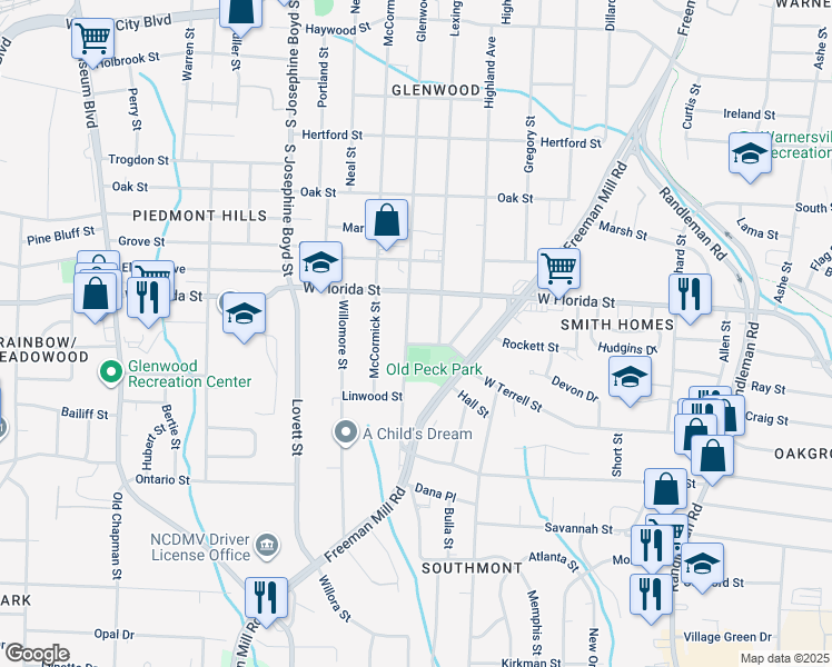map of restaurants, bars, coffee shops, grocery stores, and more near 1513 Glenwood Avenue in Greensboro