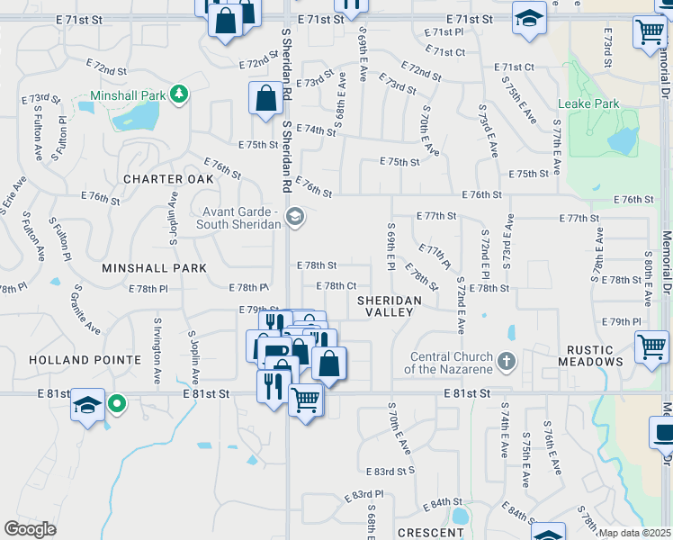 map of restaurants, bars, coffee shops, grocery stores, and more near 6710 East 78th Street in Tulsa