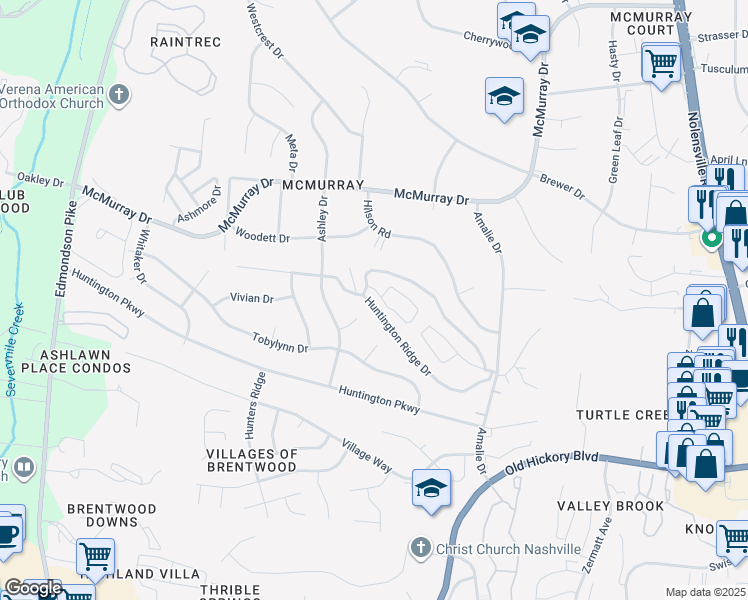 map of restaurants, bars, coffee shops, grocery stores, and more near 408 Huntington Ridge Drive in Nashville