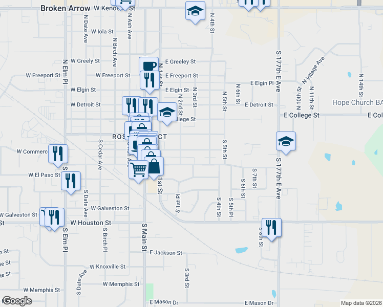 map of restaurants, bars, coffee shops, grocery stores, and more near 311 E Commercial St in Broken Arrow
