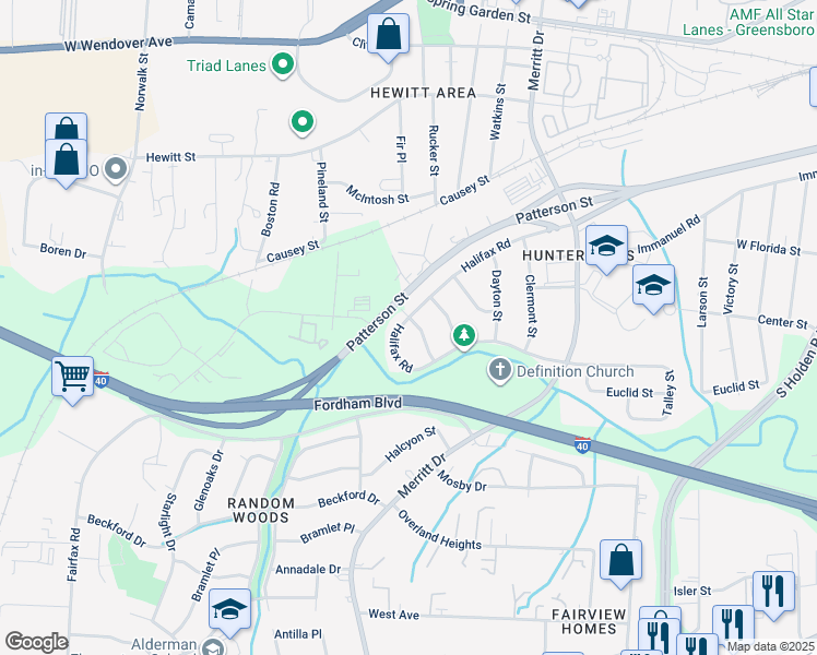 map of restaurants, bars, coffee shops, grocery stores, and more near 1302 Fireside Street in Greensboro