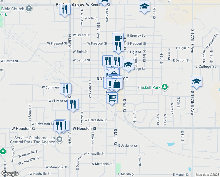 map of restaurants, bars, coffee shops, grocery stores, and more near 117 West Commercial Street in Broken Arrow