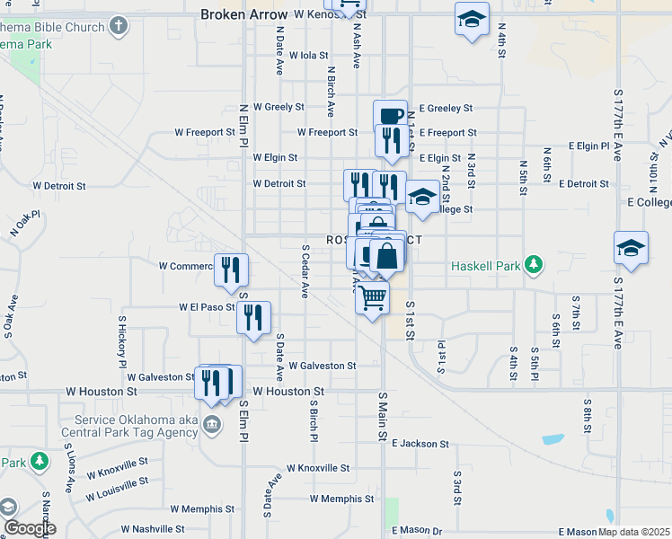 map of restaurants, bars, coffee shops, grocery stores, and more near 221 West Commercial Street in Broken Arrow