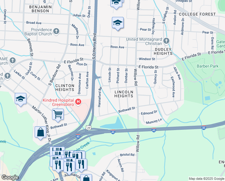 map of restaurants, bars, coffee shops, grocery stores, and more near 1701 Lincoln Street in Greensboro