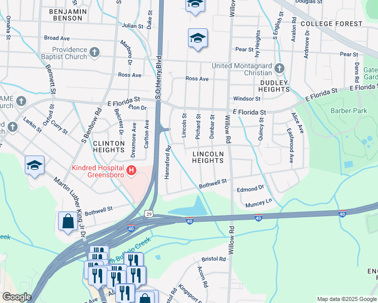 map of restaurants, bars, coffee shops, grocery stores, and more near 1701 Lincoln Street in Greensboro