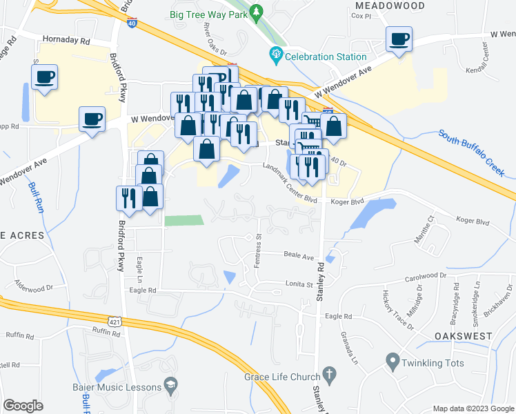 map of restaurants, bars, coffee shops, grocery stores, and more near 6 Sidney Marie Court in Greensboro