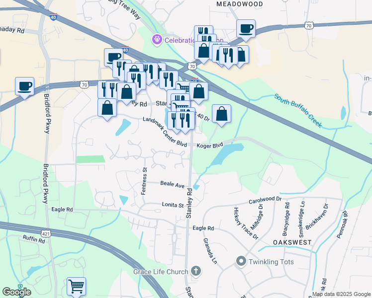 map of restaurants, bars, coffee shops, grocery stores, and more near 5014 Bartholomew's Lane in Greensboro