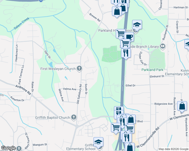 map of restaurants, bars, coffee shops, grocery stores, and more near 1655 Tadmore Street in Winston-Salem