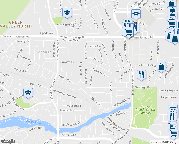 map of restaurants, bars, coffee shops, grocery stores, and more near 325 Vallarte Drive in Henderson
