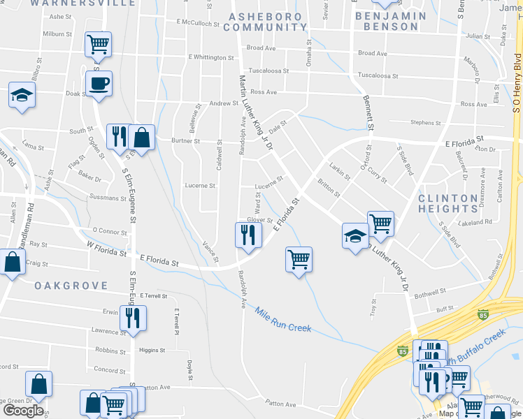 map of restaurants, bars, coffee shops, grocery stores, and more near 1519 Ward Street in Greensboro