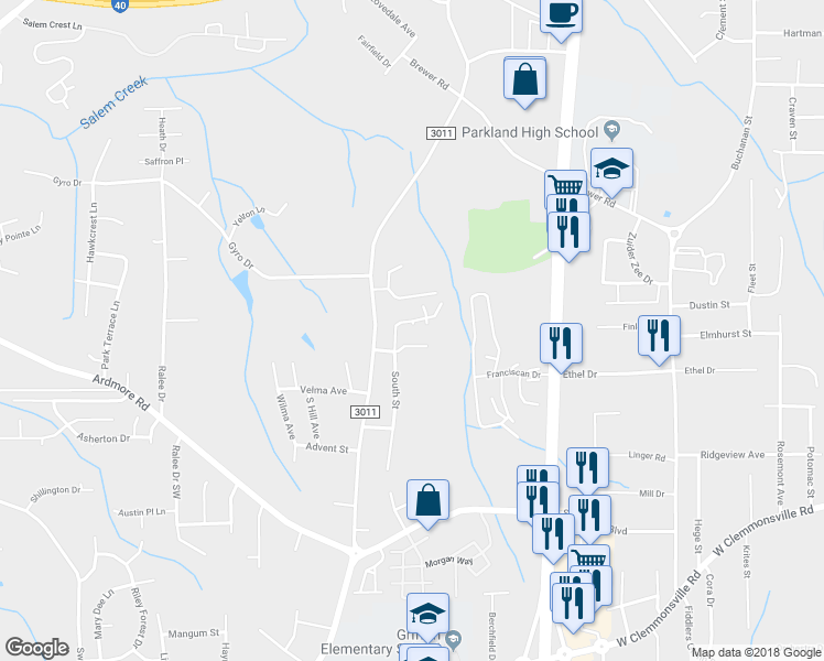 map of restaurants, bars, coffee shops, grocery stores, and more near 1516 Shaffer Court in Winston-Salem