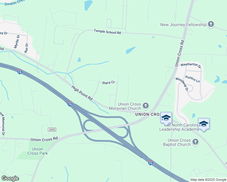 map of restaurants, bars, coffee shops, grocery stores, and more near 6111 Hickory Creek Rd in Winston-Salem