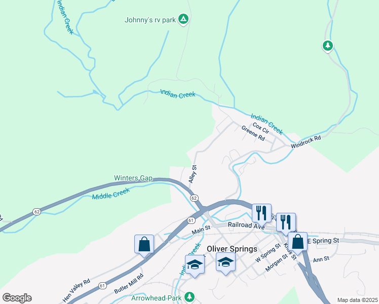 map of restaurants, bars, coffee shops, grocery stores, and more near 1301 Back Circle in Oliver Springs