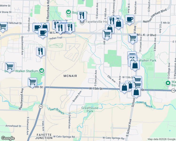 map of restaurants, bars, coffee shops, grocery stores, and more near 912 W 12th St in Fayetteville