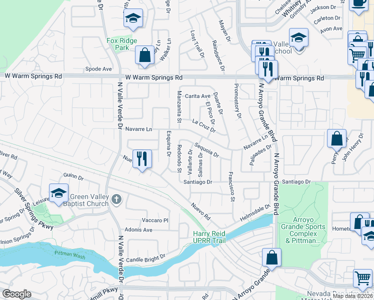 map of restaurants, bars, coffee shops, grocery stores, and more near 325 Vallarte Drive in Henderson
