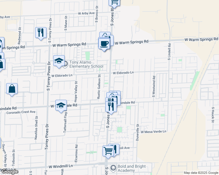 map of restaurants, bars, coffee shops, grocery stores, and more near 7600 South Jones Boulevard in Las Vegas