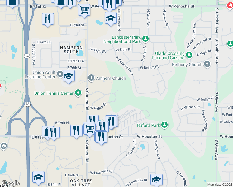 map of restaurants, bars, coffee shops, grocery stores, and more near 113 South Desert Palm Avenue in Broken Arrow