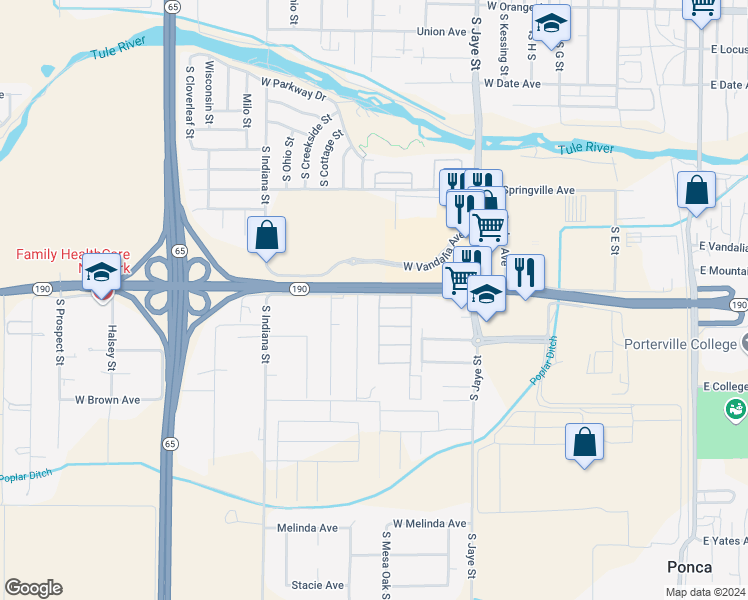map of restaurants, bars, coffee shops, grocery stores, and more near 805 Mesa Oak Drive in Porterville