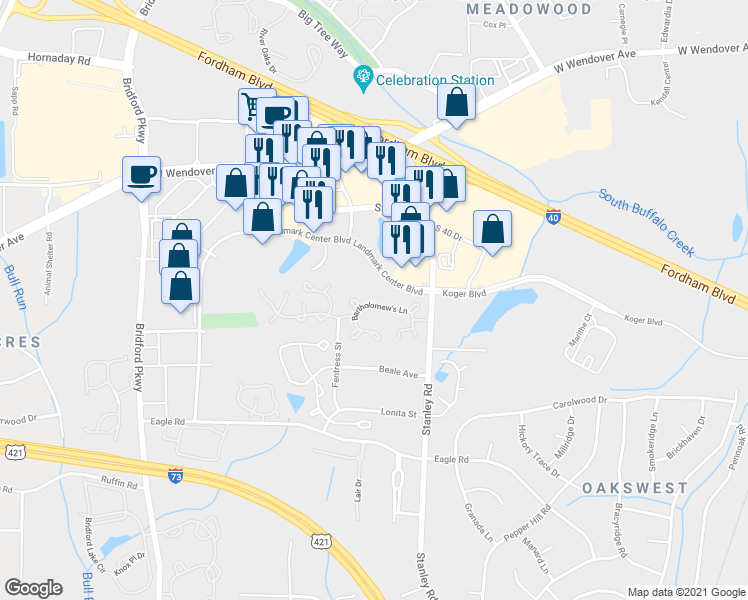map of restaurants, bars, coffee shops, grocery stores, and more near 5058 Bartholomew's Lane in Greensboro