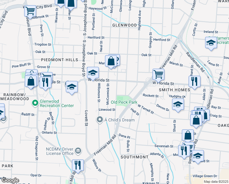map of restaurants, bars, coffee shops, grocery stores, and more near 1514 Glenwood Avenue in Greensboro