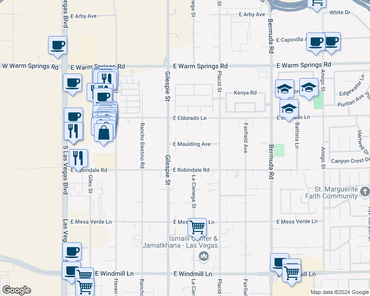map of restaurants, bars, coffee shops, grocery stores, and more near East Maulding Avenue in Enterprise