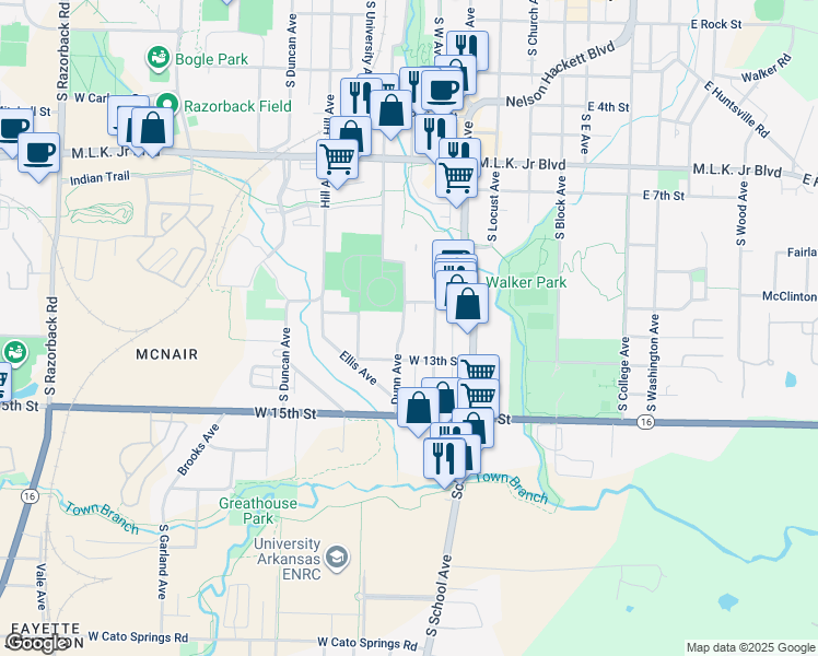 map of restaurants, bars, coffee shops, grocery stores, and more near 1144 Dunn Avenue in Fayetteville