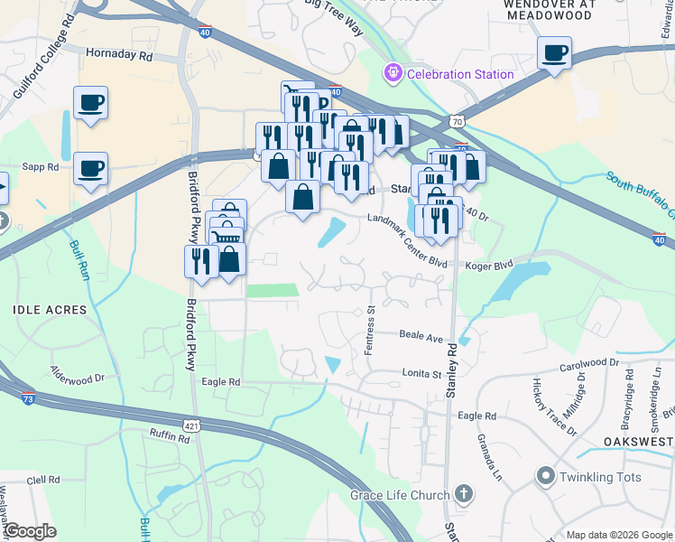 map of restaurants, bars, coffee shops, grocery stores, and more near 20 Raelans Circle in Greensboro